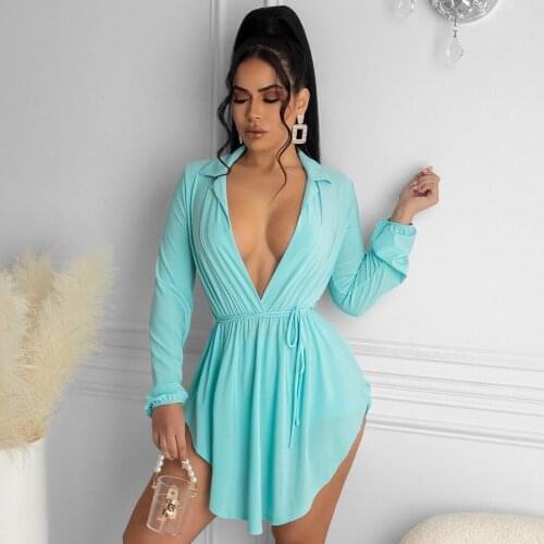 Red Purple Blue High Waisted A-line Dresses for Women Deep V Neck Long Sleeve Pleated Dress Spring Summer Ladies Beach Outfits