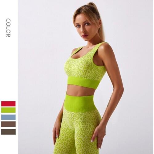 New 2PC Seamless Women Yoga Suit Gym Running Set Sexy Leopard Print Elastic Vest Breathable Bra+Fitness High Waist Trousers Pant