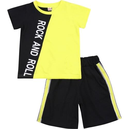 3-7Years Kid Boys Color Blocking 2Pcs Clothes Suit, Letter Printed Short Sleeve Round Neck T-shirt with Elastic Short Pants