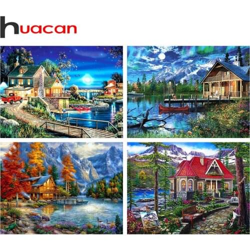 Huacan 5D DIY Diamond Painting Embroidery House River Diamond Mosaic Cross Stitch Landscape Beaded Pictures Home Decor