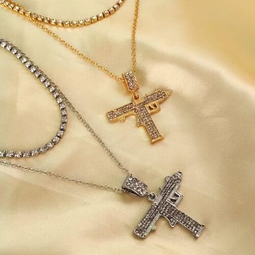 HipHop Punk Crystal Uzi Gun Pendant Chain Necklace For Women Multilayer Shining Rhinestone Tennis Chain Choker Statement Jewelry