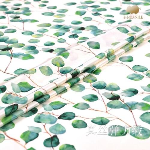 1.35 meter x 1 meter Spring breeze green leaves elastic satin wide silk fabric dress