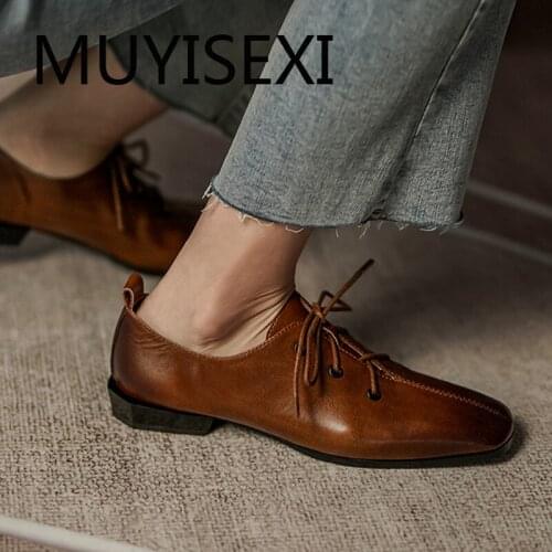 Preppy style full grain leather recommend fashion square toe 2.5cm low heels lace up pretty girls elegant pumps MUC01 MUYISEXI