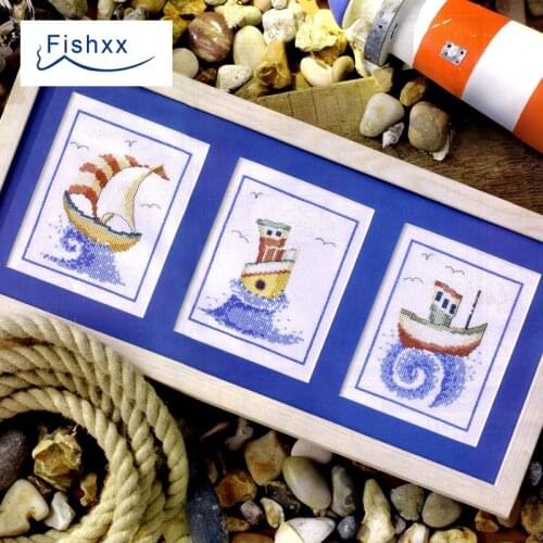 Fishxx Cross Stitch European magazine Crazy98-2 wind and waves cartoon three waves seagull sailboat