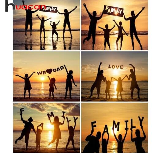 Huacan Diamond Painting Kit Family Portrait Mosaic Embroidery Sunset Seaside Scenery Diamond Art Home Decor