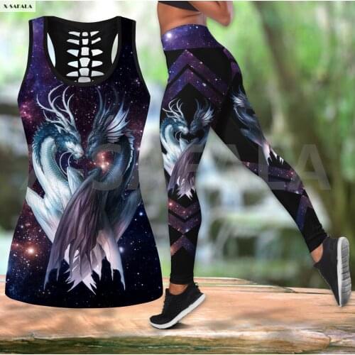 Dragon Couple Love Art Two Piece Yoga Set Women 3D Print Vest Hollow Out Tank Top High Waist Legging Summer Casual Sport