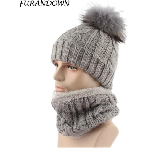 Winter Hat For Men Fleece Liner Knitted Hat Scarf Set Real Fur Pompom Beanies Cap two piece set