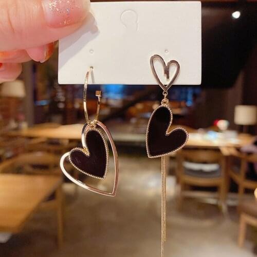 Korean Asymmetric Double Heart Tassel Earrings Fashion Heart-shaped Long Peach Heart Earrings Girls Exquisite Gift Accessories