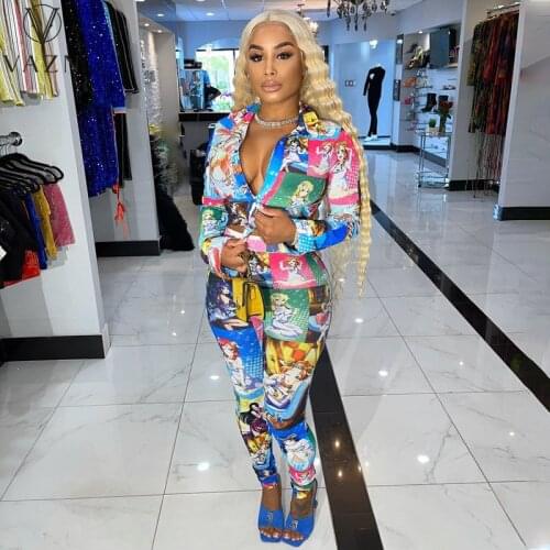 VAZN 2021 High Street Lady Hip Pop Sexy Cartoon 2 Piece Set Women Long Sleeve Top And Pant Summer