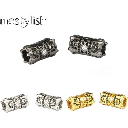 Mestylish 4pcs/Lot 6mm Twin Crown Copper Tube Spacer Beads Micro Pave Black Cubic Zircon Fit DIY Bracelets Jewelry Handmade