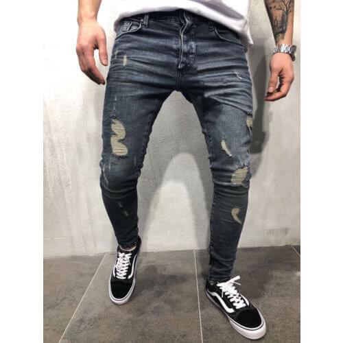 Mens Denim Hole Skinny Ripped Jeans Pants Slim Fit Zipper Destroyed Frayed Trousers Comfortable Pants