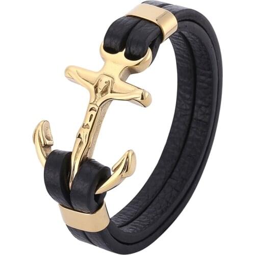 Men Jewelry Gold Color Stainless Steel Jesus Christ Cross Anchor Leather Bracelets Bangles Fashion Wristband Jewelry Gift PD0783