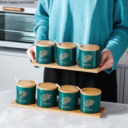 Nordic Style Ceramics Seasoning Box Set with Cover with Spoon Home Kitchen Spice Jar Storage Tools Combination with Wooden Tray