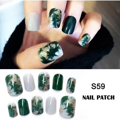 24Pcs Green Blooming Fake Nails DIY Slider Press On Women Fashion Retro Square Full Cover False Nails Patch With Nail Glue