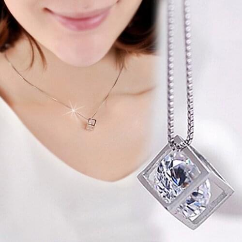New Womens Elegant Charm Jewelry Silver Rhinestone Love Cube Pendant Necklace Without Chain Lovers Gift