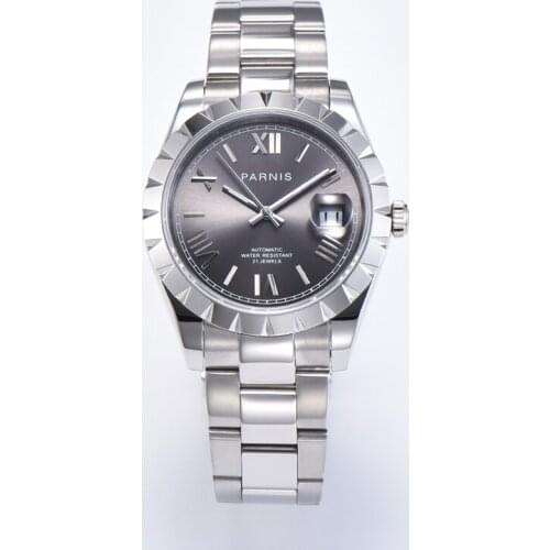 Parnis 39.5mm Gray Dial Miyota 8215 Automatic Mechanical Men Watch Silver Stainless Steel Strap Calendar Mens Watches