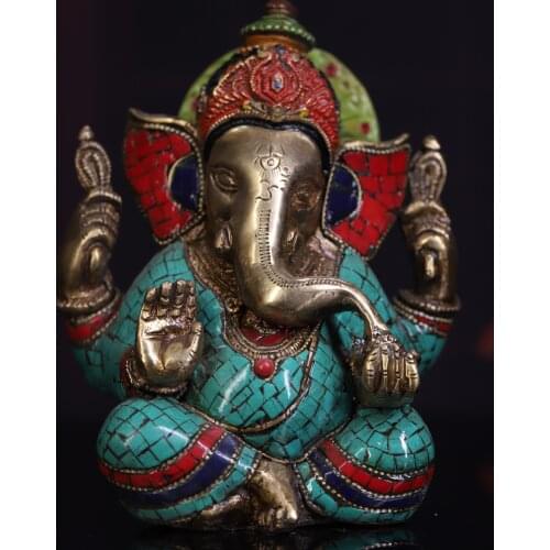 Tibetan Buddhist handmade Ganesha Statue,Home decoration Pure copper inlaid Turquoise elephant trunk sculpture
