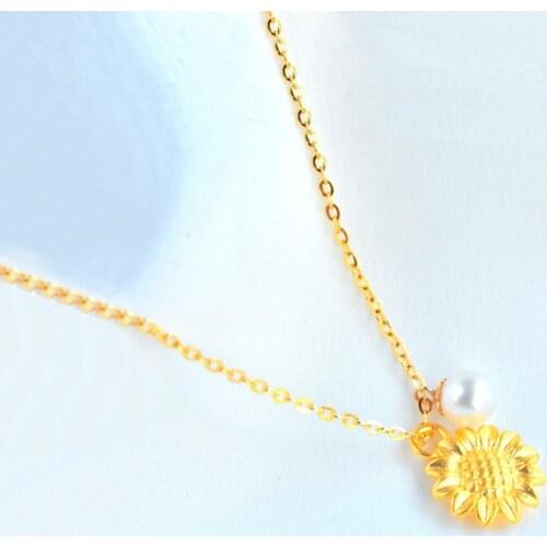 XF800 Real 24K 999 Gold Fine Jewelry Necklace Sunflower and Natural Pearl Pendant Pure 18K AU750 Chain Wedding Gift for Women D9