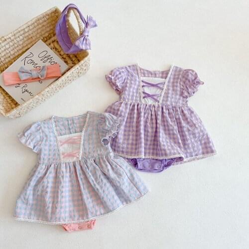 Girl Baby Plaid Casual Clothes For 0-3 Years Newborn Infant Princess Rompers Summer Clothes Short Sleeve Jumpsuits With Headband