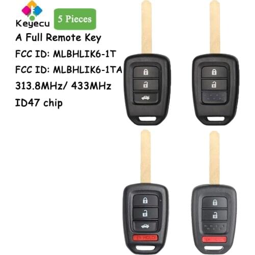 KEYECU 5 Pieces MLBHLIK6-1T Remote Control Car Key With 2 3 4 Buttons 313.8MHz 433MHz ID47 Chip - FOB for Honda Accord Civic CRV