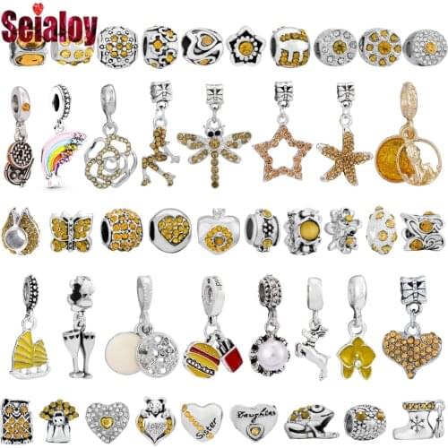 Seialoy Yellow Rhinestone Beaded Animal Insect Charm Pendant Fit Brands Charms Bracelets DIY Necklace Jewelry Making Accessories
