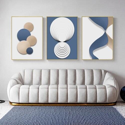 3 Pieces Blue White Gold Geometric Modern Poster Wall Art Canvas Painting Print Wall Pictures for Living Room Home Decoration