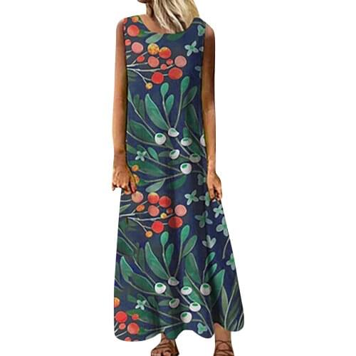 Vintage Womens Floral Printed Loose Dress Casual O-Neck Sleeveless M-5XL Maxi Long Dresses Female Beachwear Vestidos