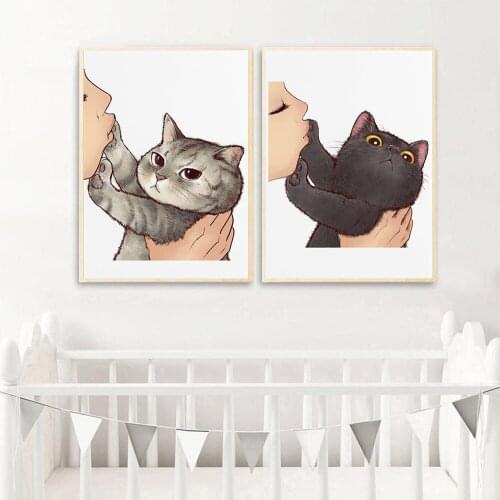 Funny Cat with Kids Cartoon Posters And Prints Cute Nordic Wall Art Canvas Painting Wall Pictures For Living Room Salon Decor