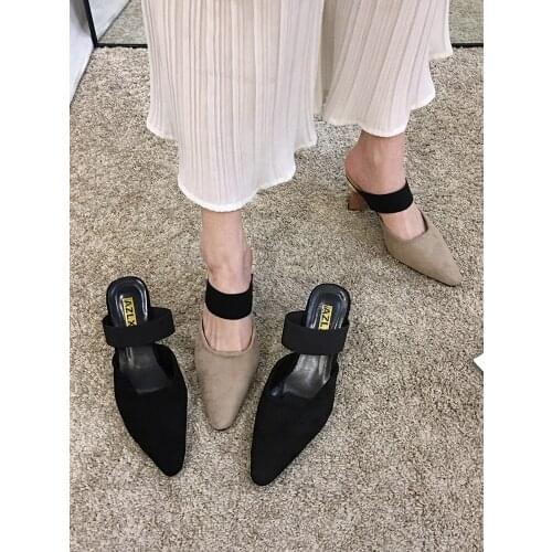 Baotou half slippers womens jacket 2021 summer new Korean version of wild thick-soled high-heel pointed sandals simple