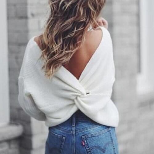 2021 New Womens Irregular Sweaters Knit Criss-cross Backless Sexy Pullovers Long Sleeve Knitwear V-neck Autumn Cardigans
