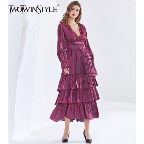 TWOTWINSTYLE Elegant Patchwork Ruffle Dress For Women V Neck Long Sleeve High Waist Sashes Midi Dresses Female Fashion New Tide