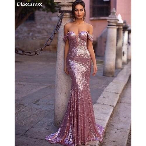 Dusty Pink Evening Dress 2020 Sequin Simple Off Shoulder Sweetheart Neck Mermaid Sweep Train Backless Prom Gown вечернее платье