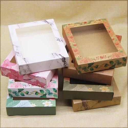 10pcs Large Paper Box With Window DIY Kraft Marbling Design Flower Style Gift Box Cake Home Party Wedding Holiday Packaging