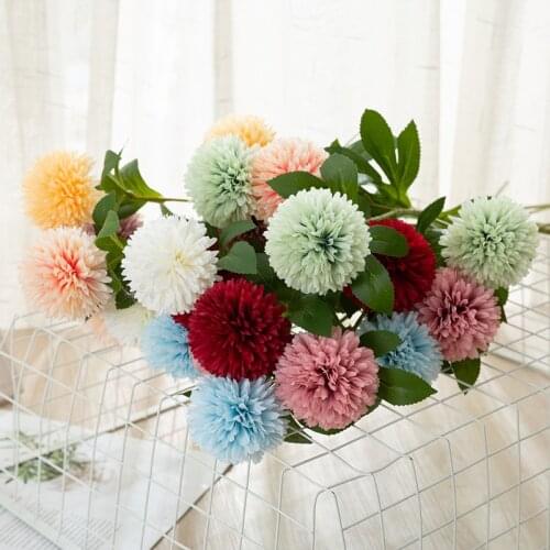 3head ball chrysanthemum artificial flower pompom flower bouquet wedding decor home table Christmas gift silk leaf