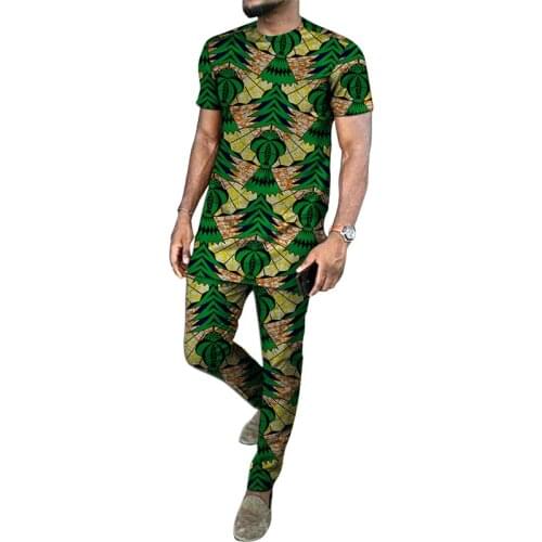 African clothes mens print dashiki short sleeve shirt with trouser Ankara groom suits fashion pant sets male Ankara outfits