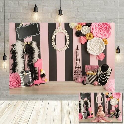 Avezano Girl 1st Birthday Backdrops Pink Black Stripe Flowers Dress Up Jewelry Newborn Baby Portrait Photography Background Prop