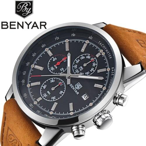 Benyar Mens Top Brand Luxury Leather Mens Waterproof Multifunction Quartz Movement Chronograph Calendar Mens Wristwatches