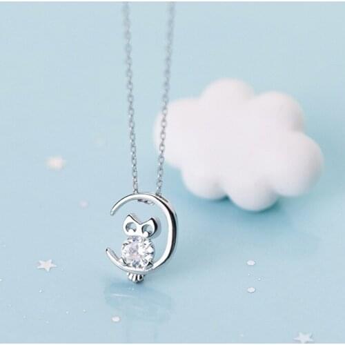 MIQIAO Owl Pendant 925 Sterling Silver Necklace Women Choker Fashion Jewellery Female Animal Single Diamond Moon Clavicle Chain
