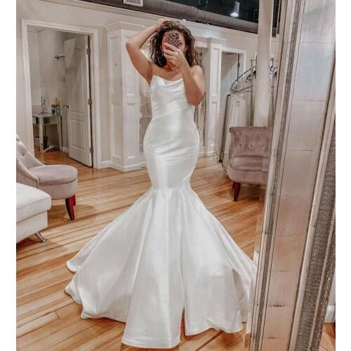 Elegant Satin Mermaid Long Wedding Dresses Floor Length Pleated Strapless Maxi Bridal Gowns for Women