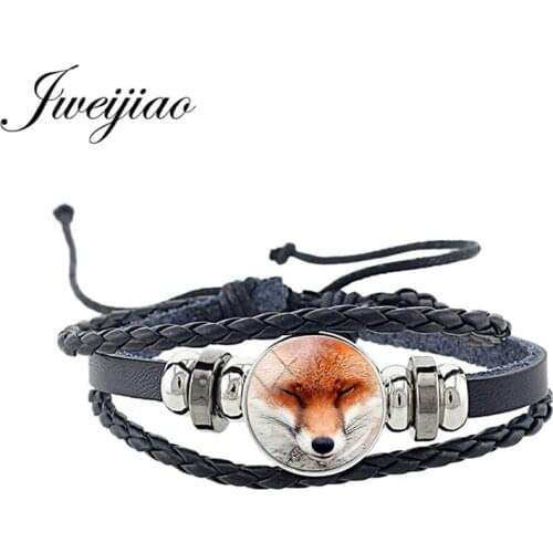 JWEIJIAO New Cute Fox Bracelet Glass Animal Picture Cabochon Charm Black PU Leather Cord Bracelet Bangles Punk Jewelry Gift CN96