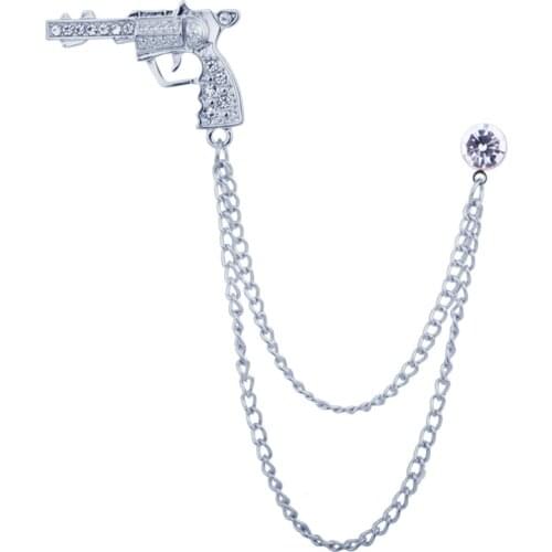 Fashion Rhinestone Crystal Chain Tassel Gun Diy Brooches Pin Metal Lapel Men Wedding Accessories Jewelry Gift for Boyfriend