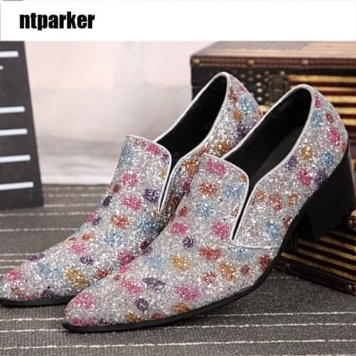 Ntparker Super Star Man Shoes Leather Colorful Glittering Man ITALIAN STYLE Pointed Toe Leather Dress Shoes Man Party Shoes