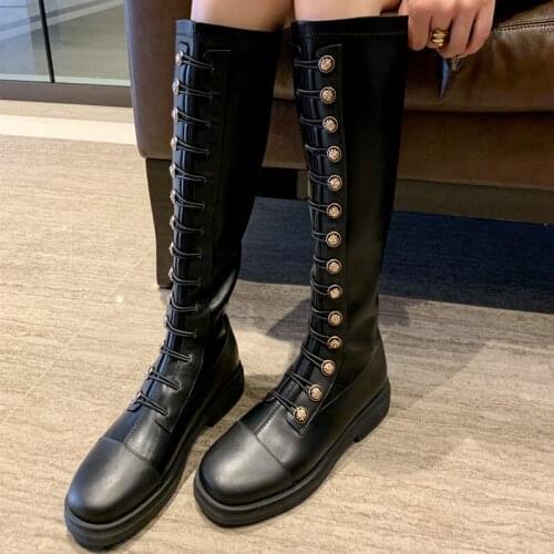 Handmade Genuine Leather Chunky Platform Women Martin Boots Retro Badge Knee High Round Toe Cross Tied Black Women Fashion Boots