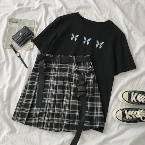 Suit New Summer Student Short-sleeved T-shirt + Casual Plaid Pleated Skirt Suit Female Two-piece Suit