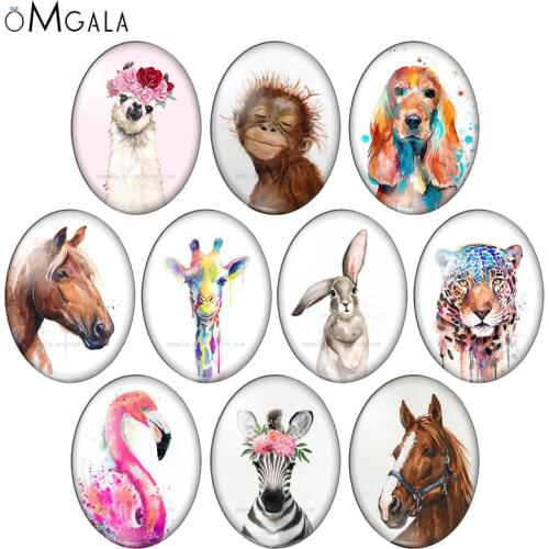 Cute Watercolor Horse Dog Rubby Animals 10pcs 13x18mm/18x25mm/30x40mm Oval photo glass cabochon demo flat back Making findings