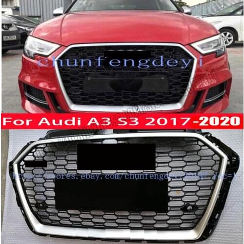 RS3 Honeycomb Grille Silver Black Grill Chrome Rings For Audi A3 S3 2017 17 2018 18 2019 19 2020 20
