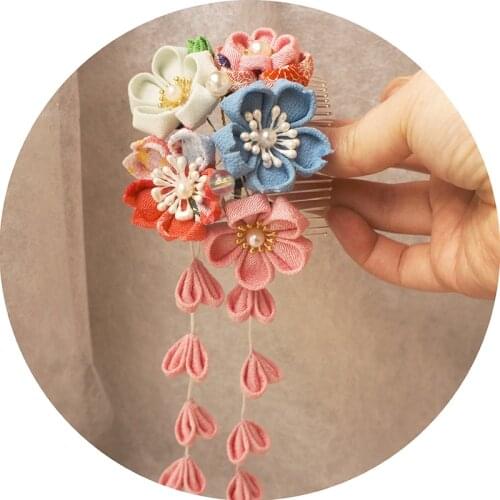 Sakura Hanfu Tassels Crepe Tuck Comb Cosplay Accessories Headdress Kanzashi Tsumami Zaiku Kimono Yukata Hairpin Hair Comb