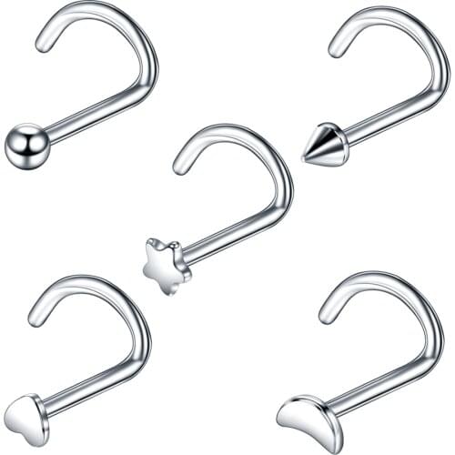 5pcs/lot Steel Heart Star Moon Logo Nose Screw Rings L Shape Nose Bone Stud Retainer Holder Nazir Stud Piercing Body Jewelry 20G