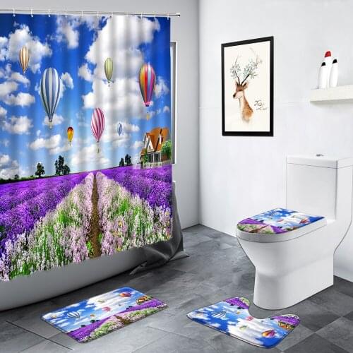 Hot Air Balloon Lavender Flowers Shower Curtains Purple Floral Plant Sunflower Rural Scenery Bathroom Rug Non-slip Bath Mats Set