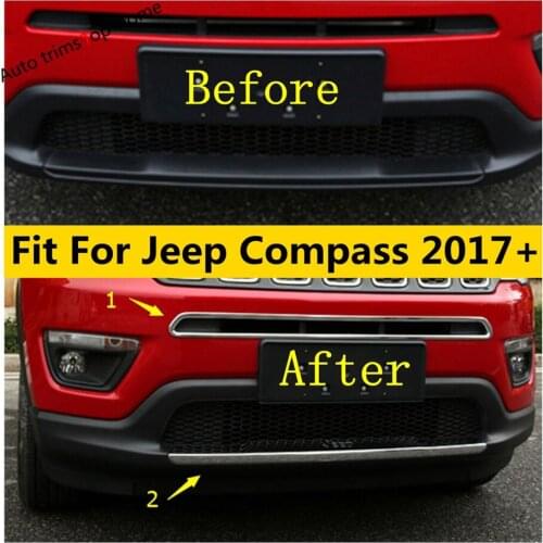 Yimaautotrims Chrome Front Bottom Bumper Lid Plate + Front Grille Grill Cover Trim Fit For Jeep Compass 2017 - 2020 Exterior Kit